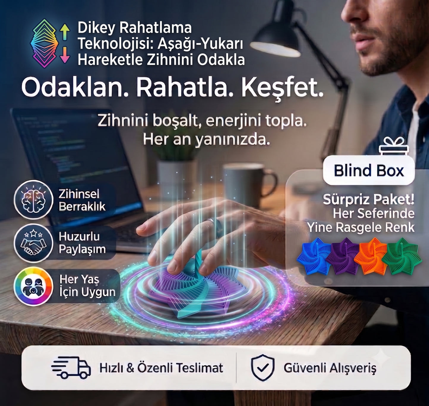 Fidget Star | %100 Yerli Üretim Kademeli Dikey Stres & Odaklanma Yıldızı Rastgele Renk